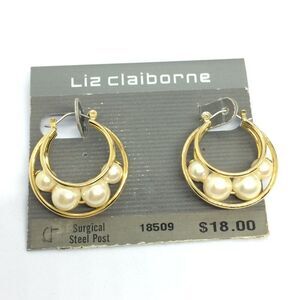 VINTAGE LIZ CLAIBORNE Earrings Caged Faux Pearl Hoop Gold Tone Deadstock Pierced